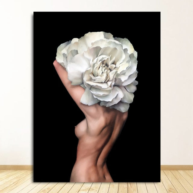 Flowers Feathers Woman Abstract Canvas Poster